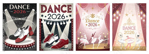Set of four posters featuring vintage dance art with jazz shoes and ballet dancers