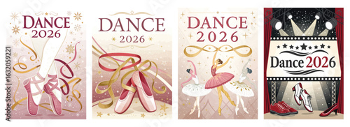 Set of four posters featuring ballet and jazz shoes celebrating Dance 2026