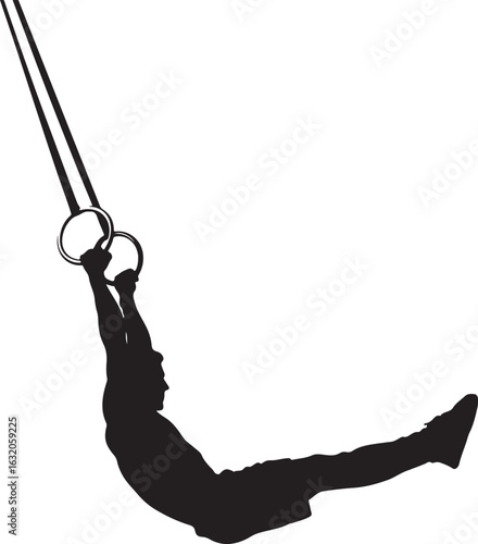 Silhouette of a male gymnast performing on rings with legs extended gymnastics