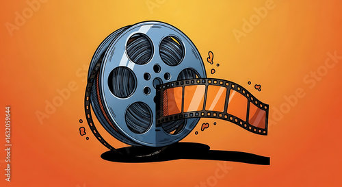 Cartoon style film reel illustration with dynamic film strip and motion marks on a vibrant