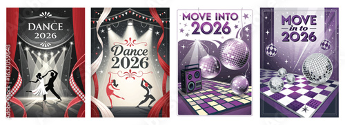 Set of four posters showcasing vibrant dance event designs for 2026
