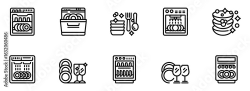 Clean Dishes and Dishwashers: Sparkling Clean Line Icons for Kitchen Appliances, Home Cleaning, and Modern Design.