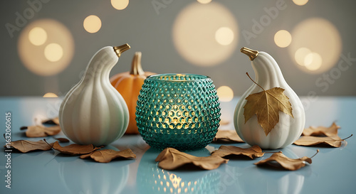 Autumnal arrangement with decorative pumpkins, a tealight holder and fallen leaves on a shiny