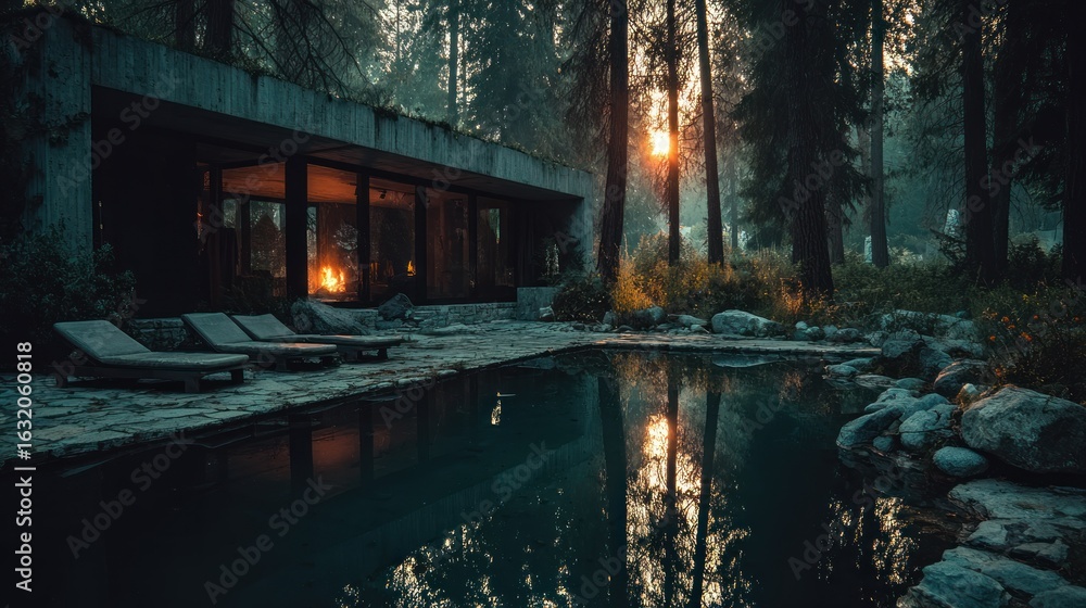 Fototapeta premium Modern concrete home by a pool in a misty forest at sunrise