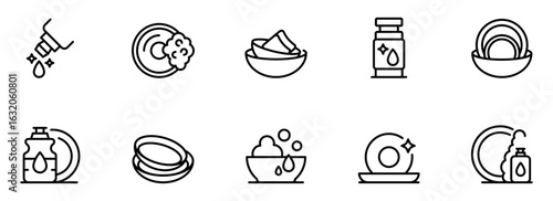 Clean Dishes Icon Set: Minimalist Line Art Graphics for Dish Soap, Washing, and Sparkling Clean Dishes, Perfect for Website or App Design.
