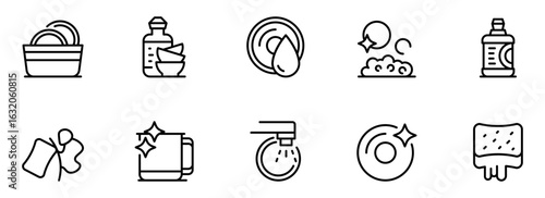 Cleanliness Icons:  Modern Line Art Style Dishwashing, Cleaning Supplies, and Sparkling Dishes, Cups, and Utensils for Website or App Design.