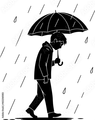 Vector art of a boy walks alone in the rain, holding an umbrella for protection against the downpour