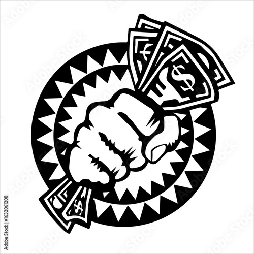 A stylized fist clutching money, encircled by a radiating design.