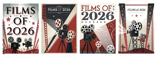 Set of four posters featuring vintage film reels and projectors