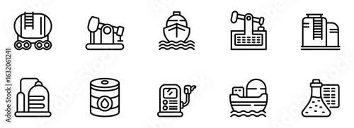 Oil and Gas Industry:  A Collection of Ten Clean Line Icons Depicting Transportation, Extraction, and Refining Processes for Commercial Use.