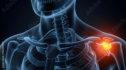 Anatomy X-ray showing shoulder pain in the background. Use Medical