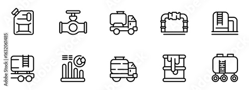 Modern Line Icons: Oil and Gas Industry, Transportation, Storage, and Production,  Illustrating  Logistics,  Pipelines, and  Resource Management.