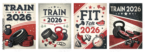 Set of four posters retro fitness design with kettlebells and dumbbells