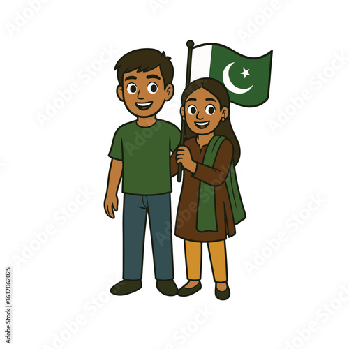 Pakistani Boy and Girl Celebrating with National Flag