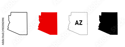 Arizona state silhouette. USA map icon set in outline, solid, dotted and red fill styles. State border sign. American region symbol. Geographic territory pictogram. Political map illustration.