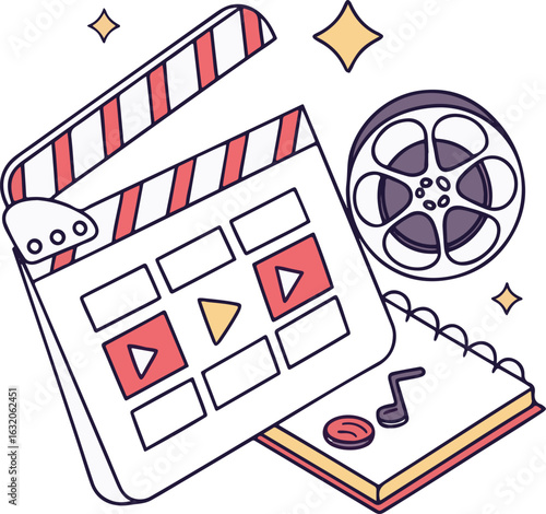 Vector Illustration of Video Production Elements – Clapperboard, Film Reel, and Media Notes