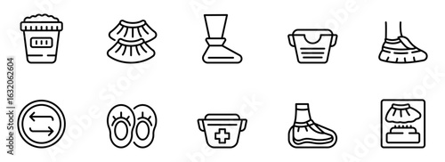 Cleanroom Icon Set: Sterile Shoe Covers, Booties, Containers, and Directional Arrows;  Black and White Line Art; Minimalist Style; Medical and Industrial Safety Graphics.