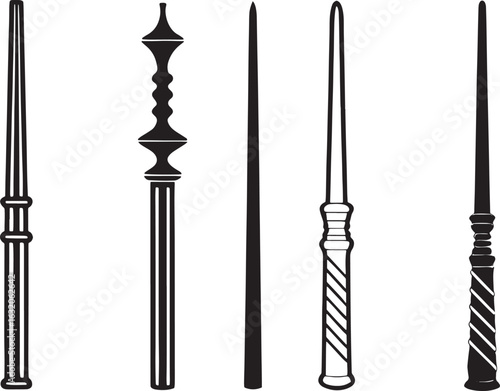 Collection of five distinct magic wand silhouettes
