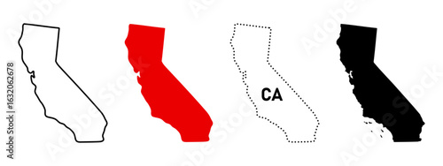 California state silhouette. USA map icon set in outline, red fill, dotted and solid black styles. State border sign. West coast location symbol. American geographic region pictogram. Map illustration