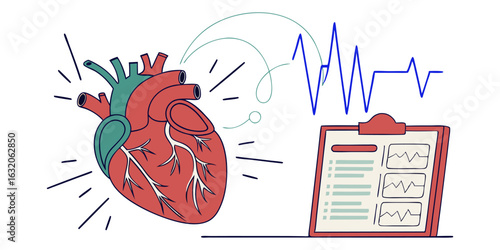 Illustration of a human heart with an EKG readout and a clipboard showing heart activity.