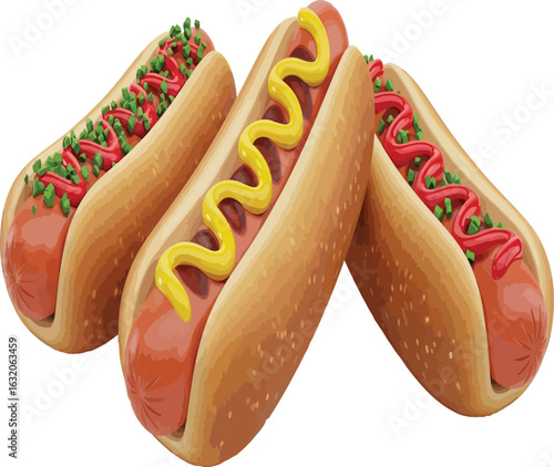 vector, illustration, hot dog with mustard and ketchup, food, food advertising asset, transparent 