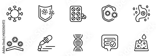 Modern Line Icons:  Healthcare, Medicine, Science, and Virus Protection;  Clean, Minimalist Style;  Informative and Professional Medical Graphic Set.
