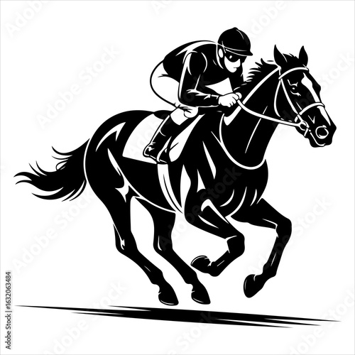 A jockey intensely rides a powerful thoroughbred horse at full gallop, a dynamic black and white illustration.