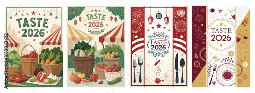 Set of four posters featuring vibrant food festival designs with fresh vegetables