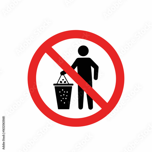 A person littering depicted on a red forbidding sign, warning against waste disposal and environmental pollution. A person littering into a bin is universally recognizable