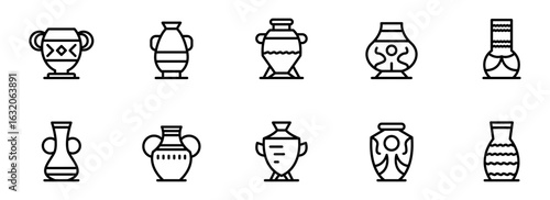 Collection of ten minimalist line art amphora and vase icons;  geometric, ancient Greek style;  black and white;  simple, elegant design for website or app.