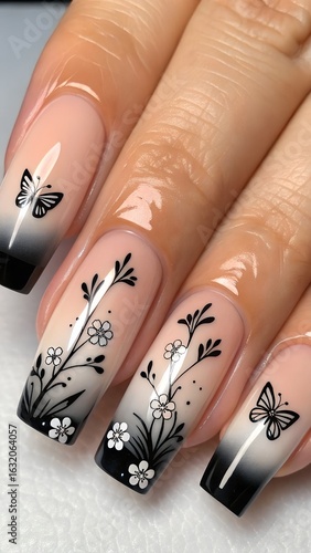 Elegant Nail Art Featuring Floral and Butterfly Designs