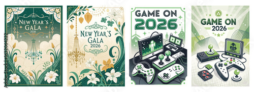 Set of four posters featuring Art Deco and retro gaming for New Year 2026