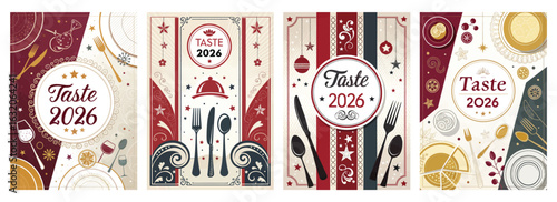Set of four posters featuring cutlery and festive decor in red gold black