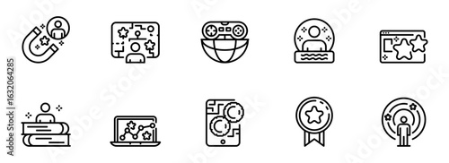 Modern Line Icons:  Global Business Strategy,  Achievement,  Success,  Innovation,  Teamwork,  and User Engagement Concepts.