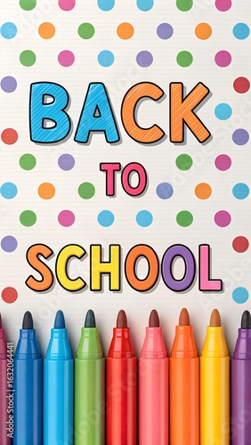 Back to School Supplies Colorful Markers on Polka Dot Background