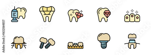 Colorful Dental Icons:  Inlay, Onlay, Crown, Veneer, Implant, Extraction, Filling, Bonding,  Modern Flat Design, Healthcare Illustration Set.