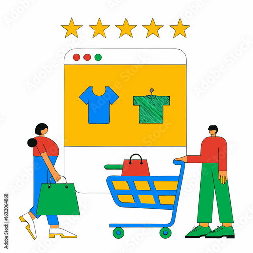 Virtual shopping mall with floating cart and e-commerce elements.