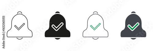 Notification Bell With Checkmark Line And Solid Icon Set. Alert Confirmation And Task Completion Symbol Collection. Reminder And Update Acknowledgment. Isolated Vector Illustration