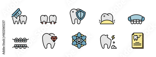 Bright, Colorful Dental Icons: Brushing, Braces, Veneers, Tooth Decay, and More –  Informative and Engaging Vector Illustrations for Healthcare Marketing.