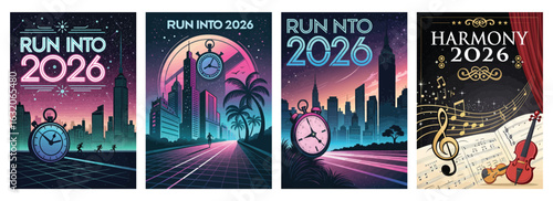 Set of four posters featuring vibrant urban landscapes and musical harmony