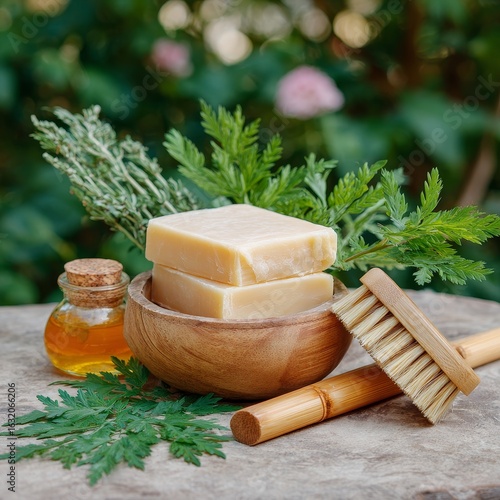 Handmade herbal soap creation natural garden closeup image organic environment tranquil viewpoint craft concept