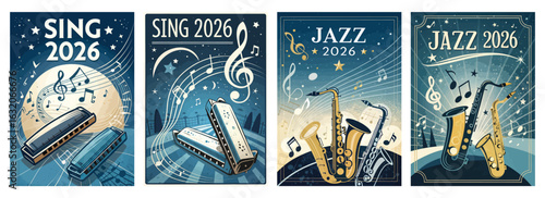 Set of four posters featuring musical instruments with dynamic notes