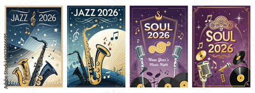 Set of four posters for 2026 Jazz and Soul events with musical elements