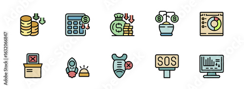 Colorful Flat Design Icons: Financial Crisis, Business Failure, Startup Failure, and Economic Downturn Concepts.