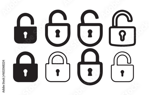 lock icon set. unlocked sign, black outline icon set for app, ui, ux and website. Padlock symbol. Victor illustration eps10