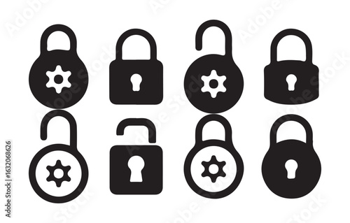 lock icon set. unlocked sign, black outline icon set for app, ui, ux and website. Padlock symbol. Victor illustration eps10