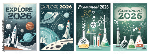 Set of four posters featuring rockets planets and lab equipment for 2026