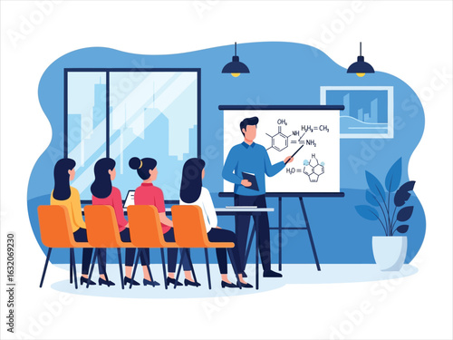 A male professor gives a science lecture on chemical structures to an attentive audience in a classroom.
