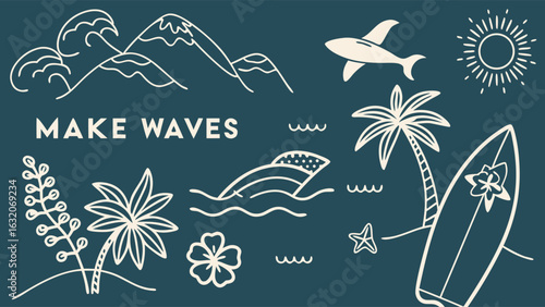 Beach themed line art illustration with surfboard palm trees and airplane.