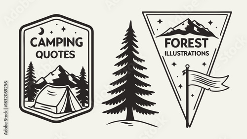 Black and White Camping and Forest Illustrations with Badges.